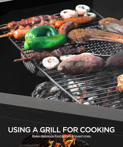 35 inch Fire Pit, Large Firepits for Outside Wood Burning Fire Pits with Cooking Grill, Outdoor Fire Pit Octagonal Heavy Duty Firepit with Poker for Bonfire, Backyard, Patio, Bronze