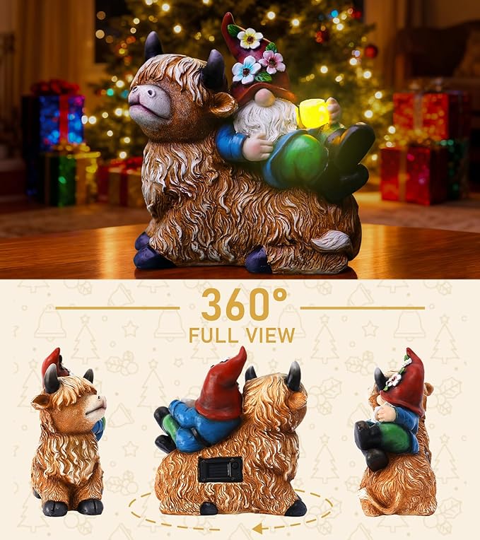 Christmas Garden Gnomes Statues Sitting On Highland Cow, Hold Solar Cup, Outdoor Decorations for Patio,Yard, Highland Cow Christmas Decorations