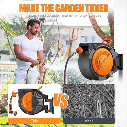 1/2" x 150 ft Retractable Hose Reel, Heavy Duty Retractable Garden Hose Reel Wall Mounted with 10-Pattern Hose Nozzle/Any Length Lock/Slow Return System/180°Swivel Bracket,Orange