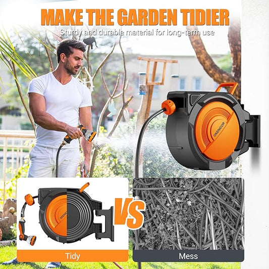 1/2" x 150 ft Retractable Hose Reel, Heavy Duty Retractable Garden Hose Reel Wall Mounted with 10-Pattern Hose Nozzle/Any Length Lock/Slow Return System/180°Swivel Bracket,Orange