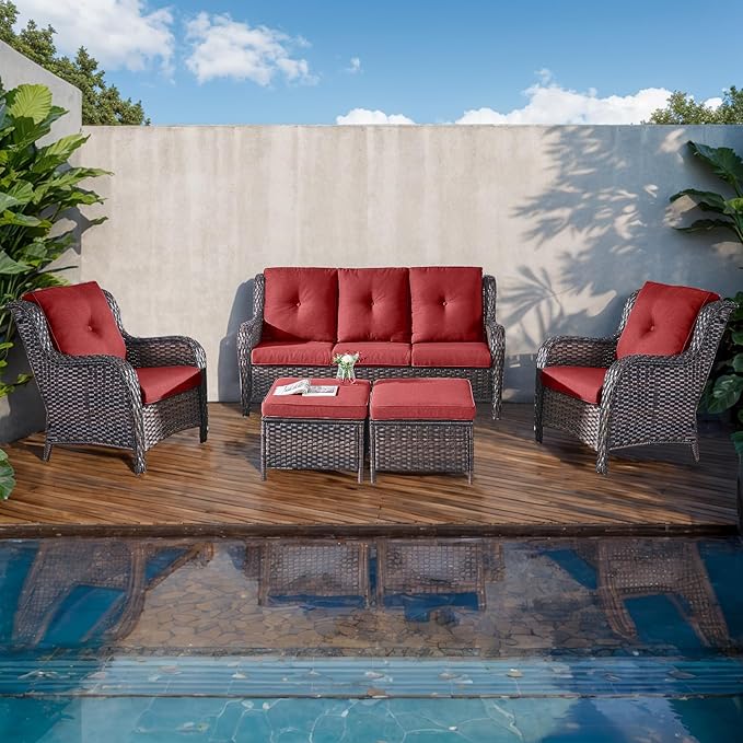 Rilyson Outdoor Patio Wicker Furniture Set - 5 Piece Rattan Patio Conversation Sectional Sofa Set with 1 Couch,2 Armchairs,2 Ottomans for Porch Deck Garden(Brown/Red)