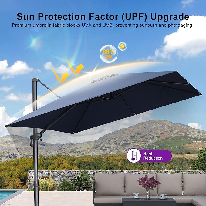 PURPLE LEAF 10 FT Cantilever Patio Umbrella Outdoor Aluminum Offset Square Umbrella with 3 Years Fade Resistance Recycled Fabric and 360-degree Rotation for Deck Pool Garden, Ocean Slate
