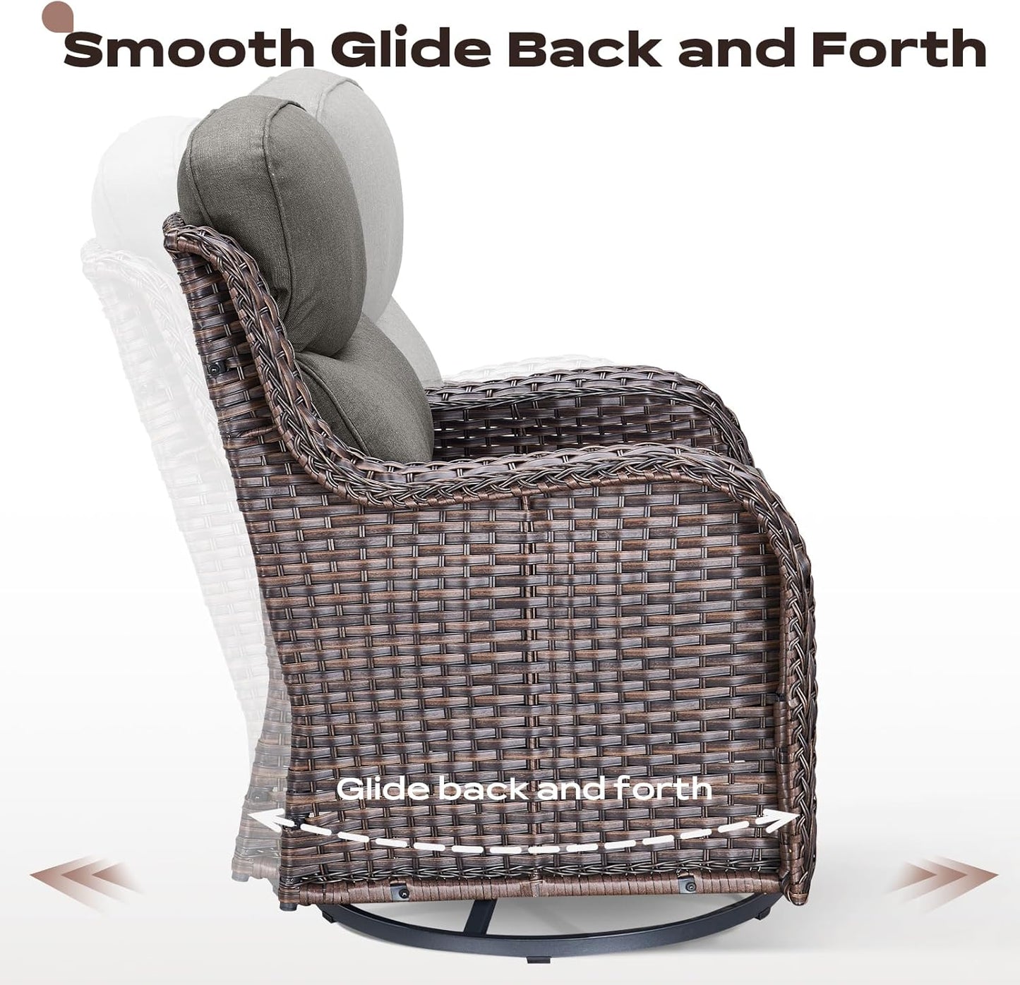 Wicker Outdoor Patio Furniture Set - 5 Piece Patio Conversation Sets with Swivel Rocker Chairs, Ottomans and Side Table, 6 inch Cushions, Waterproof Wicker, for Porch Deck Brown/Grey