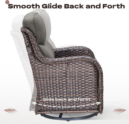 Wicker Outdoor Patio Furniture Set - 5 Piece Patio Conversation Sets with Swivel Rocker Chairs, Ottomans and Side Table, 6 inch Cushions, Waterproof Wicker, for Porch Deck Brown/Grey