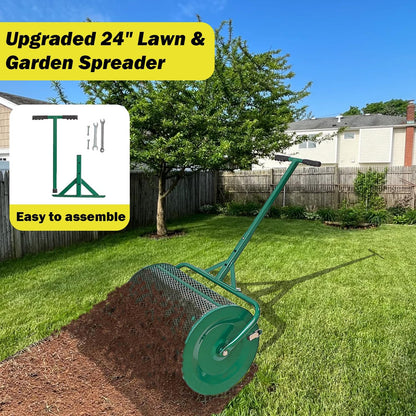Compost Spreader, 24" Peat Moss Spreader, Roller Lawn Spreader with 3 Heights T Shaped Handle, Side Latches Powder Coated Steel Mesh Basket, Lawn & Garden Spreader for Spreading Manure Topsoil, Green