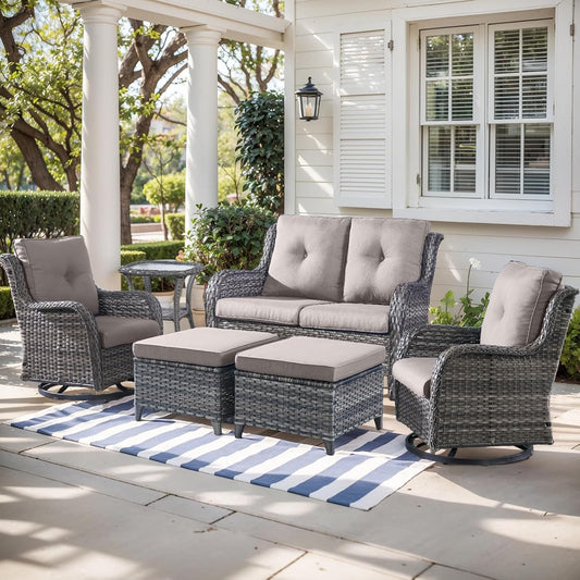 Outdoor Wicker Patio Furniture Set - 6 Piece Rattan Patio Conversation Set with 2 Rocking Swivel Chairs,2 Ottomans,1 Loveseat and 1 Side Table for Porch Deck Backyard Garden(Mixed Grey/Grey)