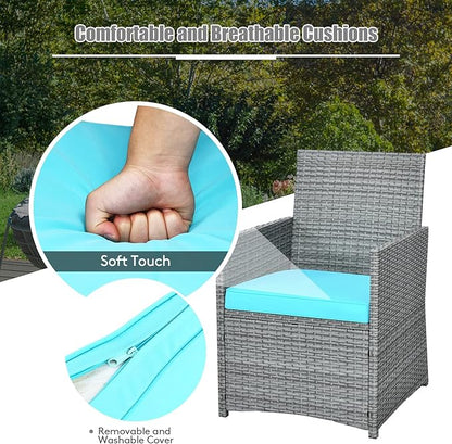 Tangkula 3 Pieces Patio Dining Set, Patiojoy Space-Saving PE Rattan Bistro Set with Tempered Glass Top Table and Cushioned Chairs, Outdoor Conversation Set for Garden, Backyard, Poolside, Porch