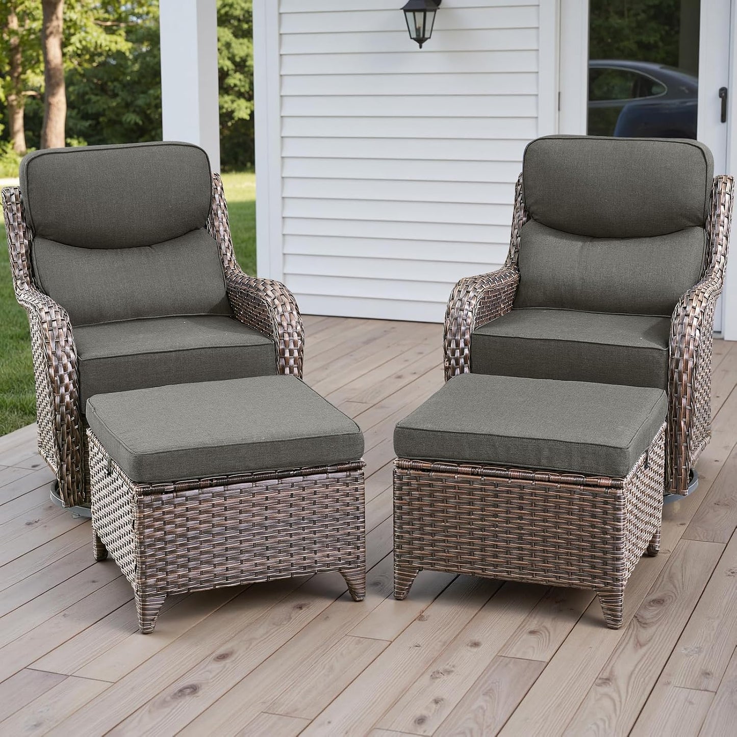 Wicker Outdoor Patio Furniture Set - 4 Piece Patio Conversation Set with Swivel Rocker Chairs and Ottomans, 6 inch Cushions, High Back, Deep Seating, for Porch Deck Garden Brown/Grey