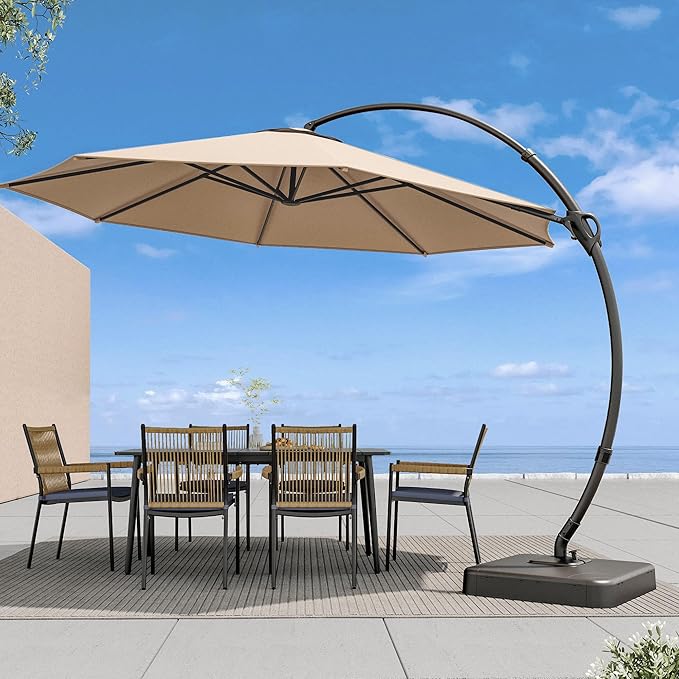 LAUSAINT HOME Outdoor Patio Umbrella with Base included, 10 FT Deluxe Curvy Cantilever Umbrella Offset Hanging umbrella with 360° Rotation for Market, Pool, Garden, Backyard, Deck (Beige, 10 FT)