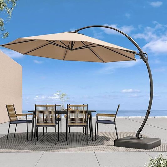 LAUSAINT HOME Outdoor Patio Umbrella with Base included, 10 FT Deluxe Curvy Cantilever Umbrella Offset Hanging umbrella with 360° Rotation for Market, Pool, Garden, Backyard, Deck (Beige, 10 FT)