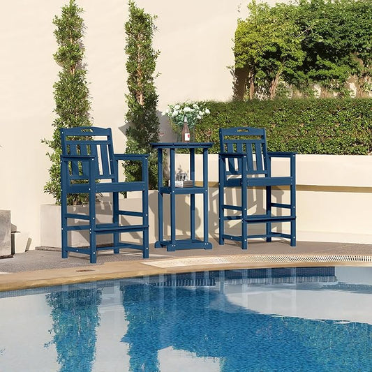 HDPE Outdoor Patio Tall Adirondack Bar Chairs Set of 2, All-Weather Bar Height Balcony Adirondack Stools for Bistro, Garden, Backyard, Pool, Deck | Navy Blue