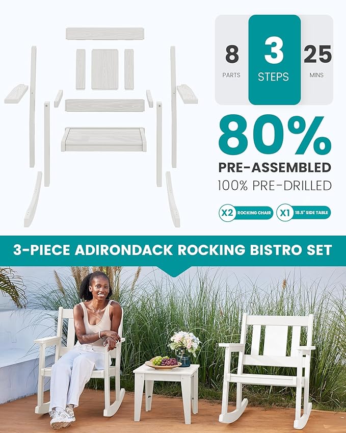 SERWALL 3 Piece Rocking Bistro Set, HDPE Outdoor Patio Table and Chairs, All Weather Outdoor Rocking Set for Backyard,Porch, Poolside, Balcony, and Garden- White