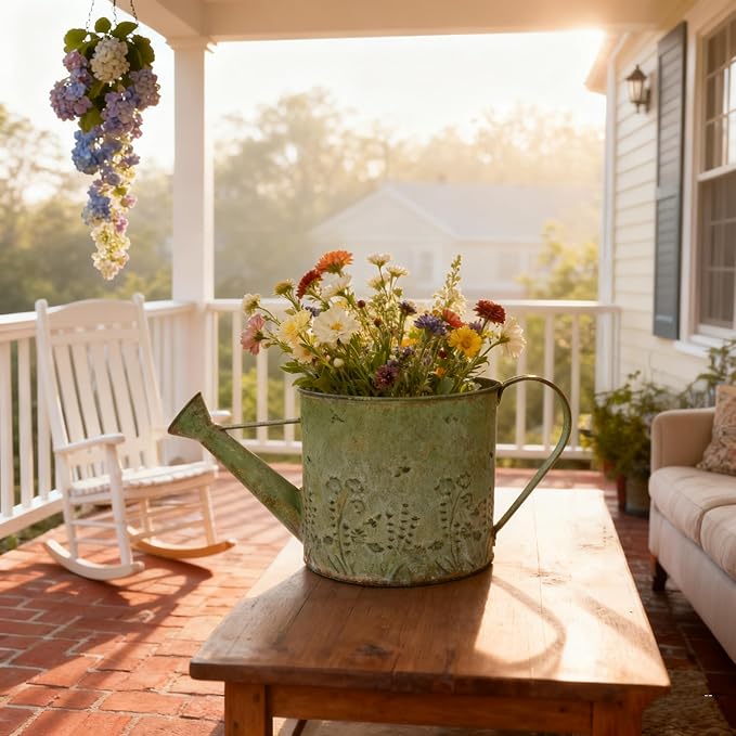 Vintage Metal Watering Can Planter with Embossed Floral - Distressed Green Decorative Watering Pot for Indoor/Outdoor Flowers, Succulents & Herbs, Rustic Home Decor Accent