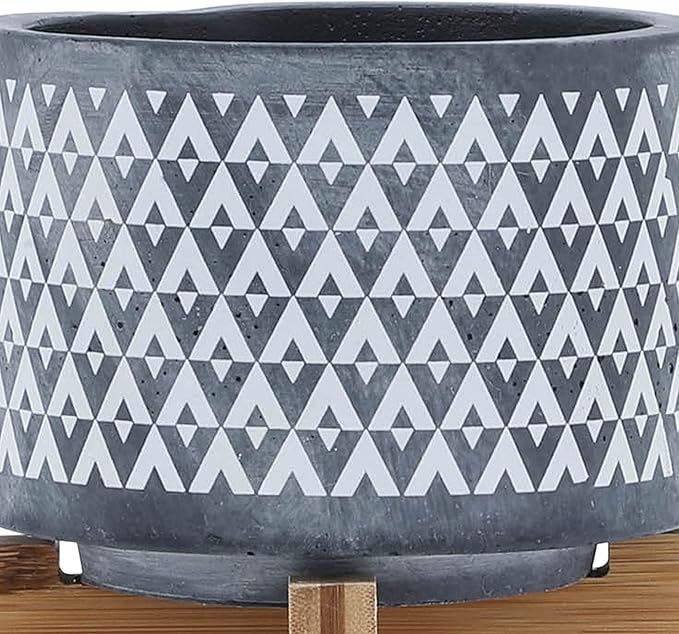 Sagebrook Home Stoneware Planter with Wooden Stand - Ceramic Indoor/Outdoor Plant Pot - Modern Geometric Design - Home & Garden Decor - 6" Gray