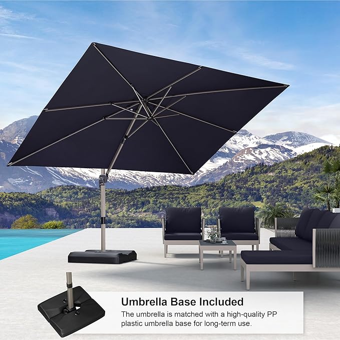 PURPLE LEAF 9' x 11' Patio Umbrella with Base Cantilever Umbrella Rectangular Outdoor Offset Umbrella with Champagne Frame and 360° Rotation for Garden Deck Pool, Navy Blue