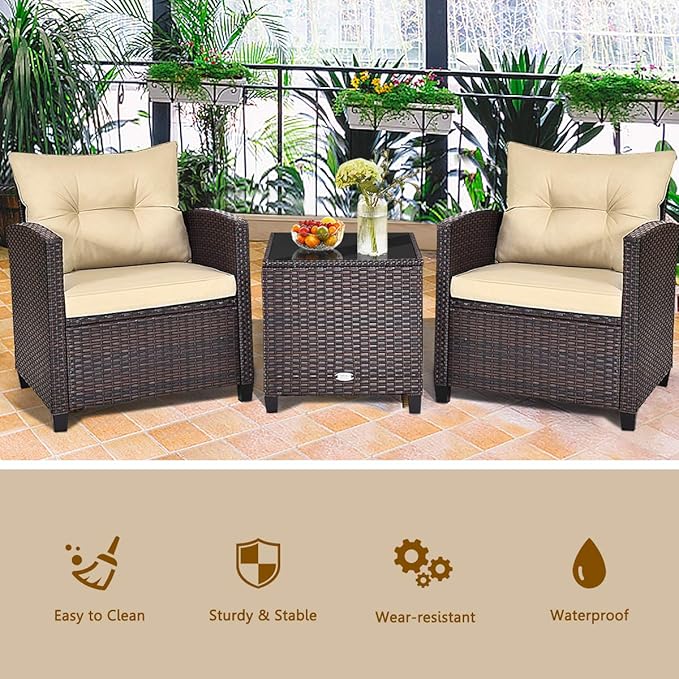 RELAX4LIFE 3 Piece Patio Furniture Set, Wicker Bistro Conversation Set w/ 2 Cushioned Armchairs & Glass Topped Table, Outdoor Rattan Sofa Set Patio Furniture for Porch Balcony Poolside (Beige)