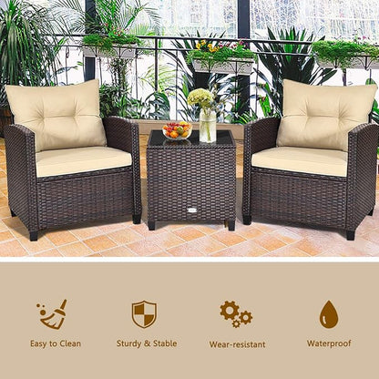 KOTEK 3 Piece Patio Furniture Set, Outdoor Conversation Set with Washable Cushions & Tempered Glass Tabletop, PE Rattan Wicker Bistro Set for Porch, Garden, Balcony (Beige)
