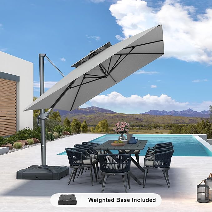 PURPLE LEAF 10' x 13' Cantilever Patio Umbrella Outdoor Umbrella with 330lbs Base Large Rectangular Windproof Offset Umbrella for Pool Deck Garden, Pebble Grey