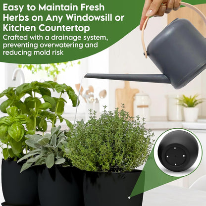 Indoor Garden Kit - Plant Pots with Drainage, Watering Can & Tools - Ideal Windowsill Planter Set - Modern Home & Kitchen Decor Gift - Black