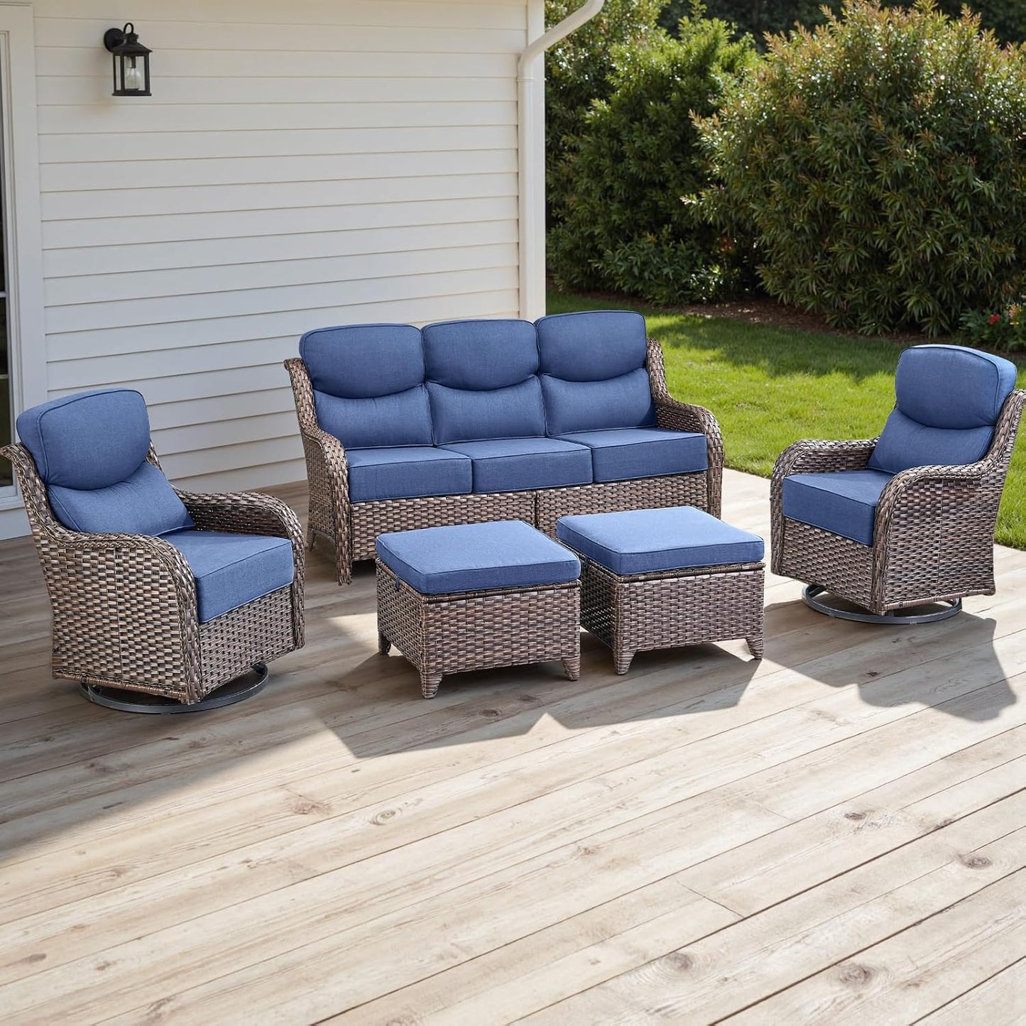 Wicker Outdoor Patio Furniture Set - 5 Piece Patio Conversation Sets with Swivel Rocker Chairs, Ottomans and Sofa, 6 inch Cushions, Waterproof Wicker, for Porch Deck Brown/Blue