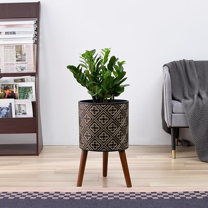 10 Inch Plant Pot with Stand, Planter for Indoor Plants, Modern Large Flower Planter Pot with Drainage Holes for Outdoor, Black ＆ Gold