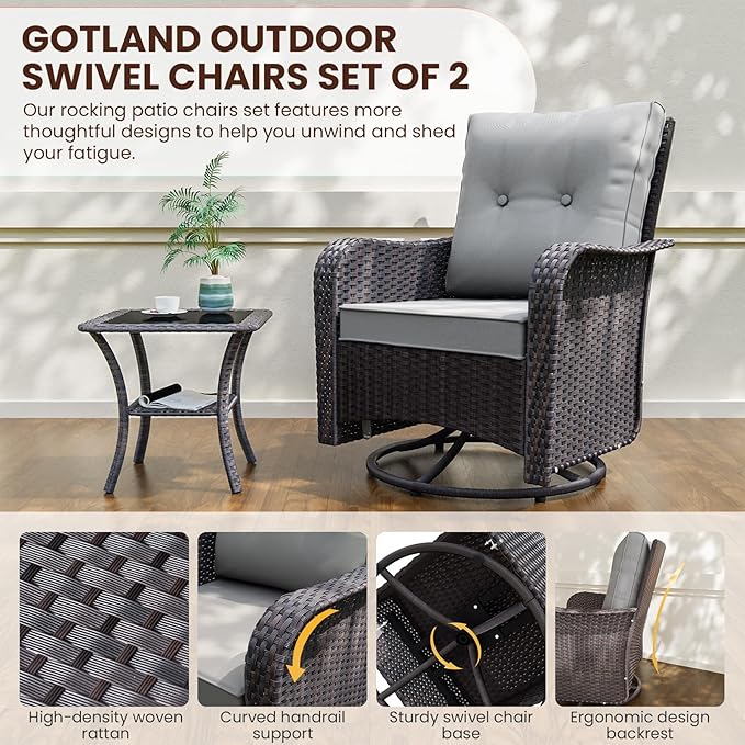 Gotland 3 Pieces Patio Set, Outdoor Swivel Chairs Set of 2 with 4'' Waterproof Cushions High Back Double-Layer Side Table, Wicker Rocking Patio Chairs Set of 2 for Balcony, Porch, Garden Gray