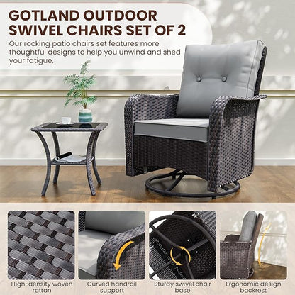 Gotland 3 Pieces Patio Set, Outdoor Swivel Chairs Set of 2 with 4'' Waterproof Cushions High Back Double-Layer Side Table, Wicker Rocking Patio Chairs Set of 2 for Balcony, Porch, Garden Gray