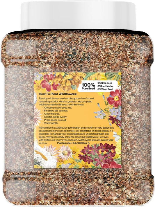 Wildflower Seed Mix 1LB Tub - Save The Bees Seed Mix, by GevaGrow | Bulk 300,000+ Seeds | Pollinator & Bee Attracting Flower Seeds Bulk for Planting in Pots & Outdoor Gardens | 1 Pound Tub