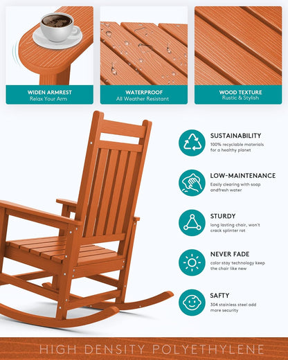 SERWALL Outdoor Rocking Chair Set of 4, HDPE Rocking Chairs for Adult, All Weather Porch Rockers for Lawn Garden, Orange