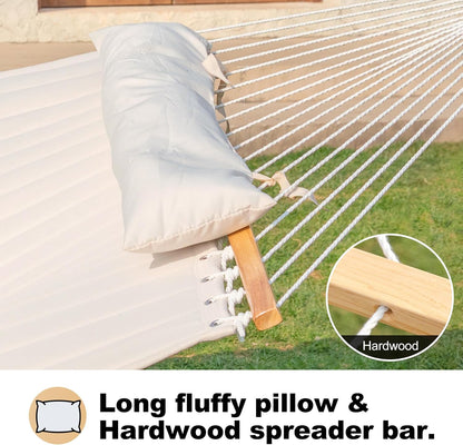 Double Quilted Fabric Hammock with Spreader Bar, Fit 12-14ft Hammock Stand, 2 Person 14ft Hammocks for Outside, Large Removable Pillow Storage Bag, Carabiners, Max 475 lbs Capacity (Beige)