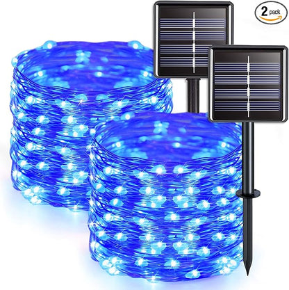 JMEXSUSS 2 Pack Blue Solar String Lights Outdoor Waterproof, Each 33ft 100 LED Solar Fairy Lights, 8 Modes Copper Wire Mini Christmas Light for Outside Patio Garden Tree Christmas Decorations