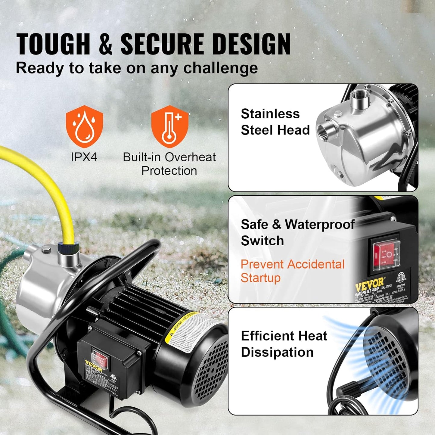 VEVOR 1.1 HP Portable Shallow Well Pump, 978 GPH Garden Jet Pump, 115V, 131 ft Height, Stainless Steel Sprinkler Booster Pumps for Garden Lawn Irrigation system, Lake Fountain, Water Transfer