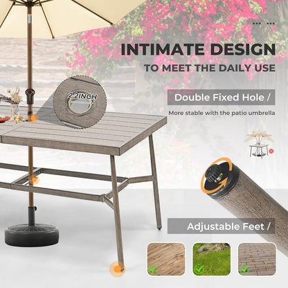 HAPPATIO Patio Table for 8, Large Modern Rectangle Outdoor Dining Table with Umbrella Hole and Adjustable Feet, All Weather Aluminum Patio Table for Garden, Backyard and Poolside, Grey