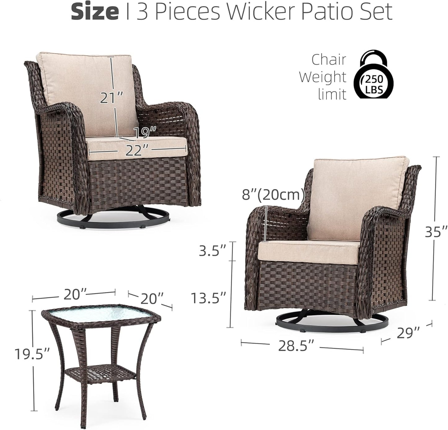 Towallmark Outdoor Swivel Wicker Glider Patio Chairs with Table Set, 3 Pieces Outdoor Bistro Set with 4”Thick Cushions and Coffee Table for Porch, Balcony, Deck (Beige)