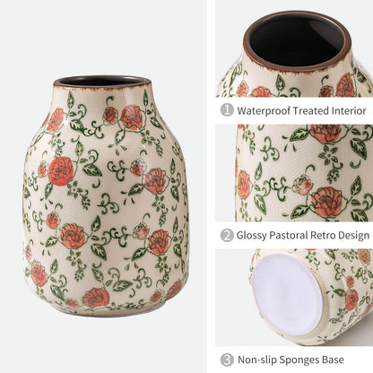 Green and Beige Vintage Round Vase, Red Rose Chinoiserie Floral Vase, Farmhouse Antique Decorative Ceramic Flower Vases for Bouquet, Home Decor, Living Room, Bookshelf, Office, Tuscan Decor 7.8 Inch