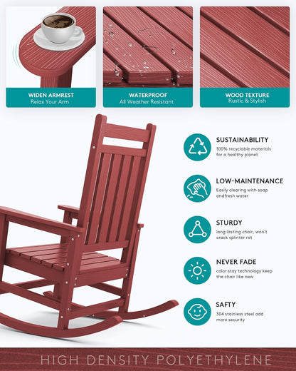 SERWALL HDPE Rocking Chair, Outdoor Rocking Chair for Adults, All Weather Porch Rocker for Lawn Garden, Crimson Red