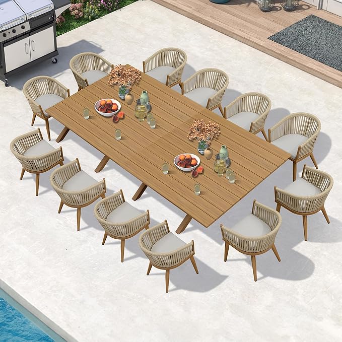 PURPLE LEAF 13 Pieces Oversized Outdoor Dining Set with Patio Aluminium Dining Table and Wicker Chairs Modern Furniture Cushions Sets for Backyard Indoor Decor Kitchen Teak