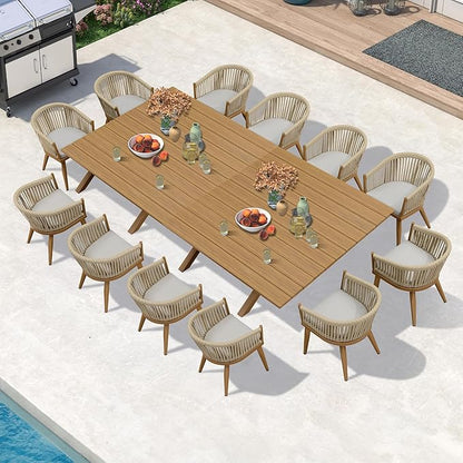 PURPLE LEAF 13 Pieces Oversized Outdoor Dining Set with Patio Aluminium Dining Table and Wicker Chairs Modern Furniture Cushions Sets for Backyard Indoor Decor Kitchen Teak