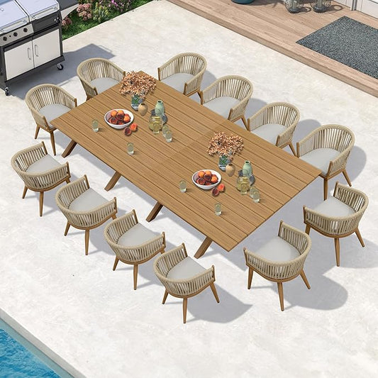 PURPLE LEAF 13 Pieces Oversized Outdoor Dining Set with Patio Aluminium Dining Table and Wicker Chairs Modern Furniture Cushions Sets for Backyard Indoor Decor Kitchen Teak