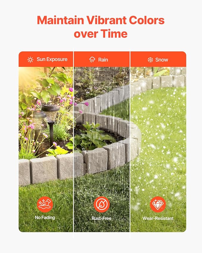 VEVOR Faux Stone Landscape Edging, No Dig Garden Edging Border, Flexible Blocks for Lawn Edging, Flower Beds, Driveway, Yards with 12 Spikes, 4 Pack 24 Bricks 16FT Kit, 46.9" Lx 4" W x 6" H, Brown