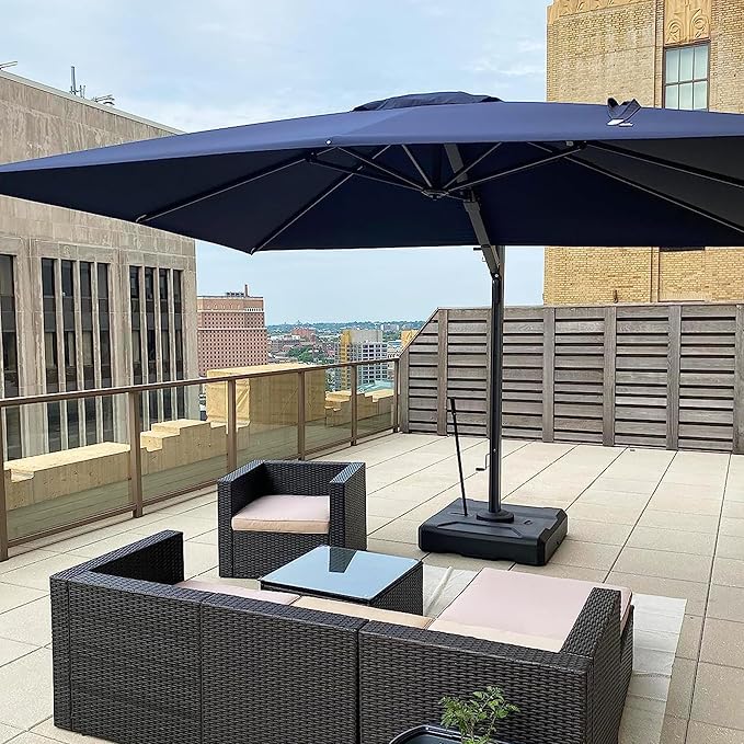 PURPLE LEAF 12' X 12' Square Patio Umbrella with Base Large Offset Hanging Outdoor Cantilever Umbrella Included Base for Garden Deck Backyard Pool Navy