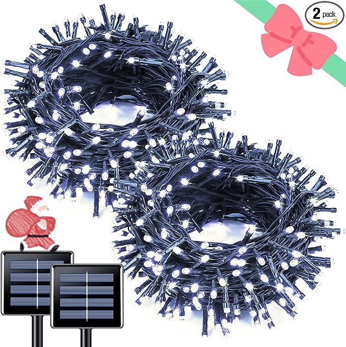 JMEXSUSS 2 Pack White Solar Christmas Lights, Total 200 LED 66 FT Solar String Lights Outdoor Waterproof, White Twinkle Light for Christmas Tree Outside Garden Yard Decor