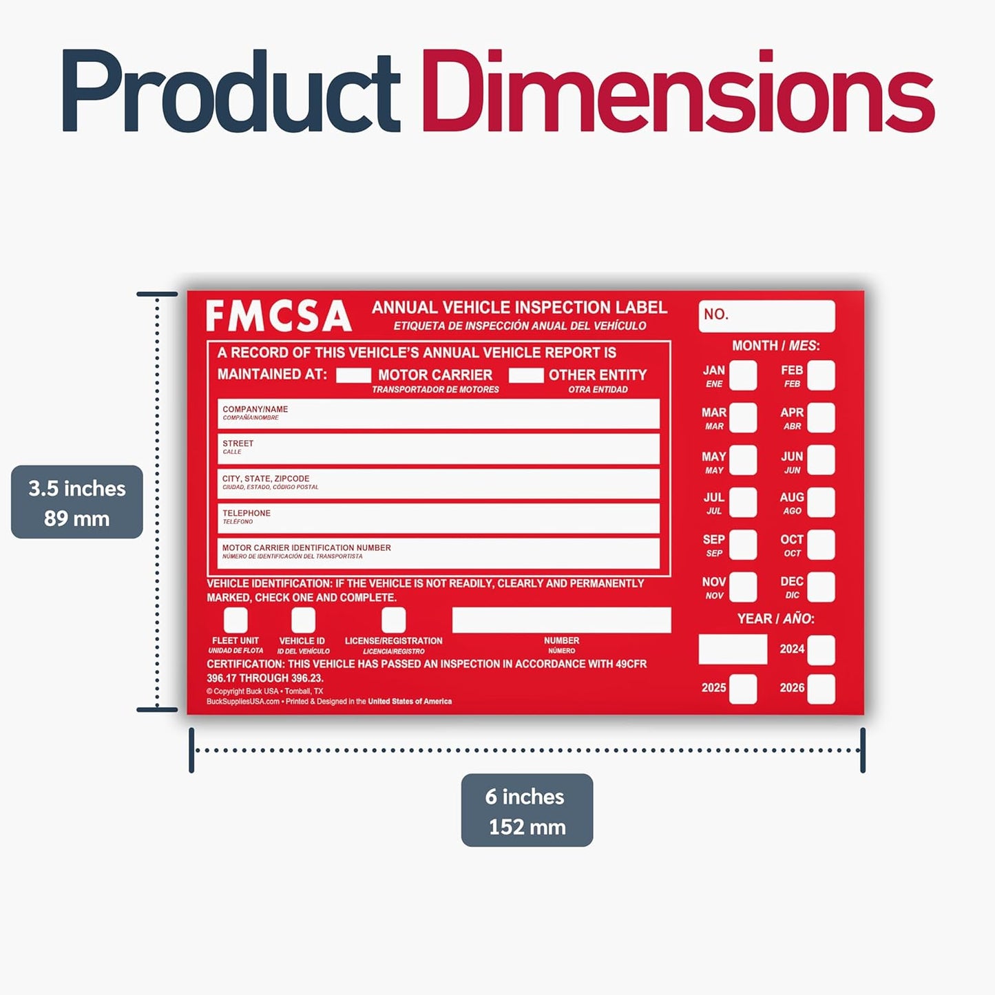 10 Pack Buck Aluminum Annual Vehicle Inspection Label with Punch Boxes, 2 Mil Red FMCSA Self Adhesive Sticker, DOT Compliant, Weatherproof, Tear Resistant, Easy to Write On, 6" x 3.5" - Made in USA