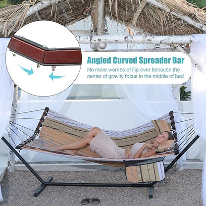 TegerDeger 12FT 2 Person Hammock Large Hammock 450LB Capacity with V Shaped Hardwood Spreader Bar & Nylon Rope for Outside, Patio, Garden, Backyard, Beach, Poolside - Fall Yellow Stripes