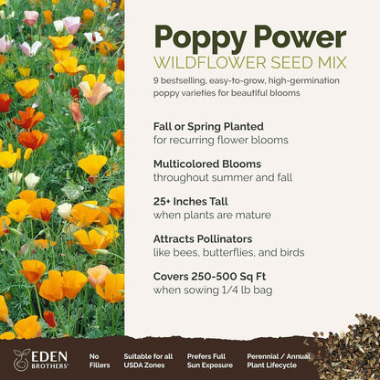 Eden Brothers Poppy Power Flower Mixed Seeds for Planting, 1/4 lb, 120,000+ Seeds with Red Corn, Iceland, California Poppy, Attracts Pollinators, Plant in Spring or Fall, Zones 3, 4, 5, 6, 7, 8, 9, 10