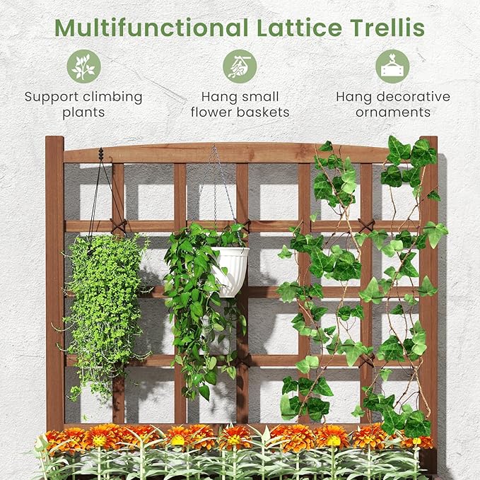 HAPPYGRILL Raised Garden Bed with Trellis, Drainage Holes, 2-Tier Wooden Elevated Planter Box w/Legs for Climbing Plants Vine Flower Herb Vegetable Fruit, Outdoor Garden Box for Patio Balcony (2)
