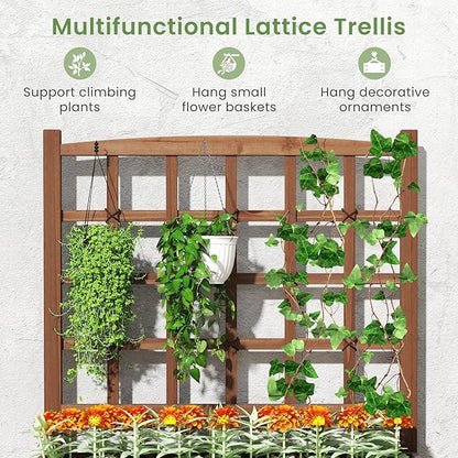 HAPPYGRILL Raised Garden Bed with Trellis, Drainage Holes, 2-Tier Wooden Elevated Planter Box w/Legs for Climbing Plants Vine Flower Herb Vegetable Fruit, Outdoor Garden Box for Patio Balcony (2)