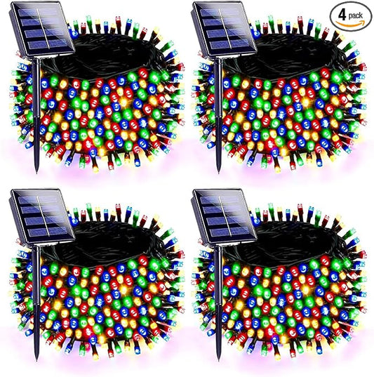 4 Pack 180FT Solar Christmas Lights Outdoor Waterproof, Super Bright 320 LED Solar String Lights with 8 Lighting Modes, Green Wire Twinkle Tree Light for Outside Xmas Party Decorations (Multi-Colored)