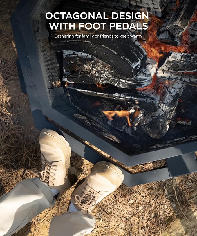 43 inch Fire Pit, Outdoor Fire Pits with Cooking Grill, Wood Burning Fire Pits for Outside, Octagonal Heavy Duty Large Firepit with Poker for Bonfire, Backyard, Camping, Patio, Picnic