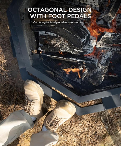 43 inch Fire Pit, Outdoor Fire Pits with Cooking Grill, Wood Burning Fire Pits for Outside, Octagonal Heavy Duty Large Firepit with Poker for Bonfire, Backyard, Camping, Patio, Picnic